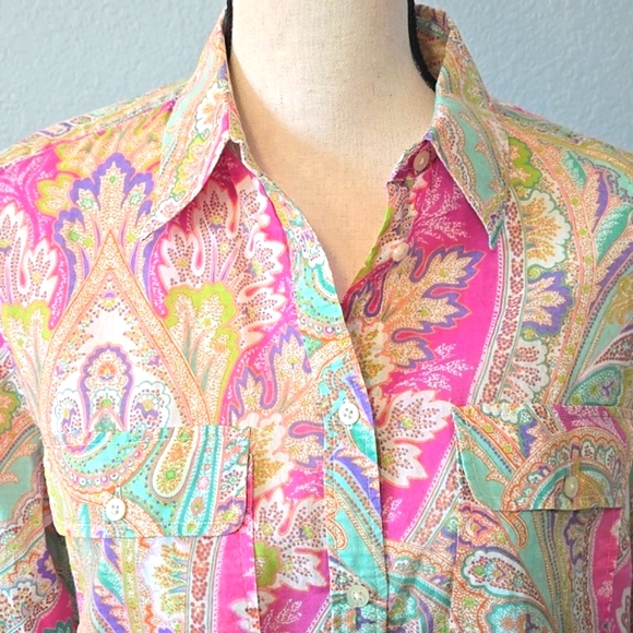 RAPLH LAUREN Paisley Print Button Down 100% Cotton Shirt Pastel Colors Sz Large - Picture 2 of 14